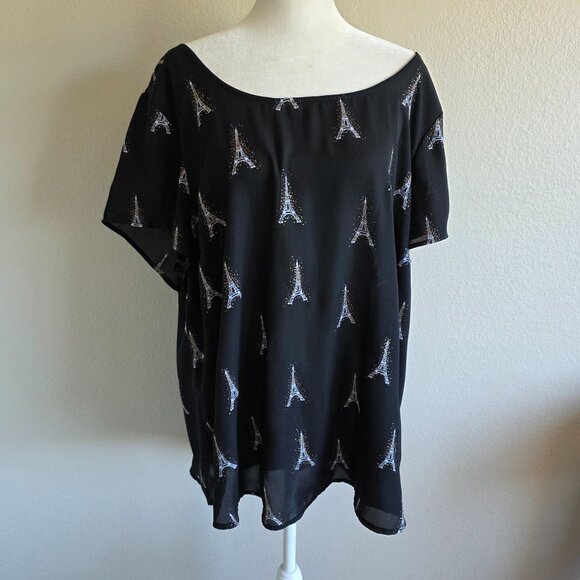 TORRID Blouse Top Paris Eiffel Tower Black Sparkle Sheer Chiffon Plus Size 2 2X - Picture 1 of 8
